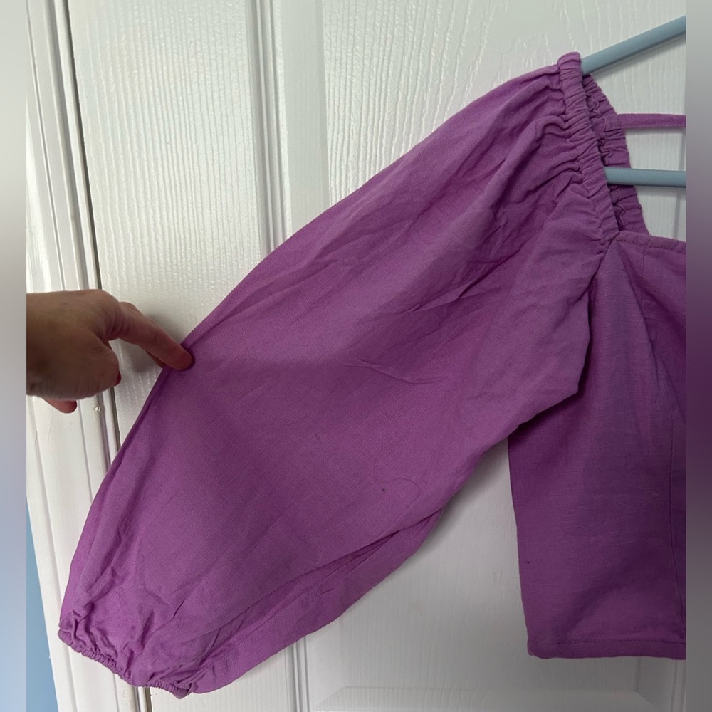 American Eagle Purple Linen Button Crop Puff Sleeve Top Size Medium - Picture 9 of 10